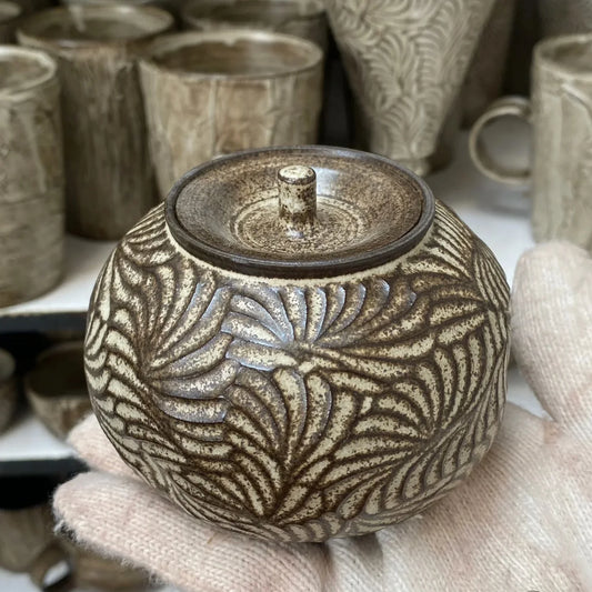 Hand-Carved Stoneware Tea Jar