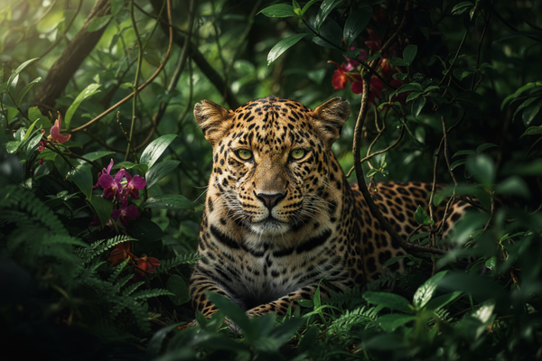 丛林中若隐若现的豹，正视着镜头，野生动物摄影风格，横图，大师级光影，大师级构图，野性氛围，超高清