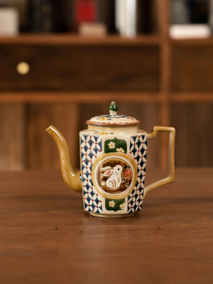 Rabbit Motif Square Teapot with Coin Pattern